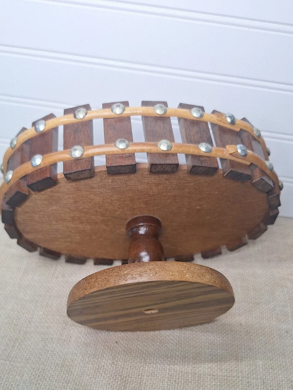 Vintage Slatted Wood Oval Nut And Fruit Pedestal Bowl, Mid Century
